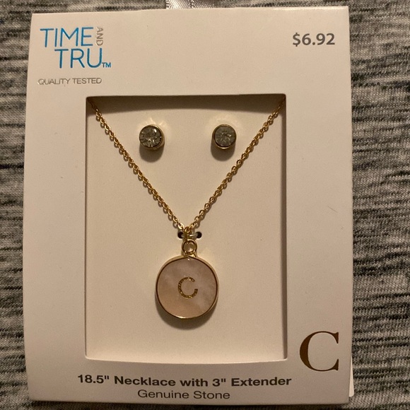 Genuine Rose Quartz with "C" Initial Disc Necklace and Earring Set 18.5” - Picture 1 of 12